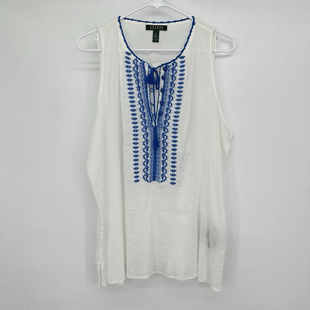 NWT Lauren Ralph‎ Lauren Gauze Embroidered Tunic Top XL White Blue Boho Resort